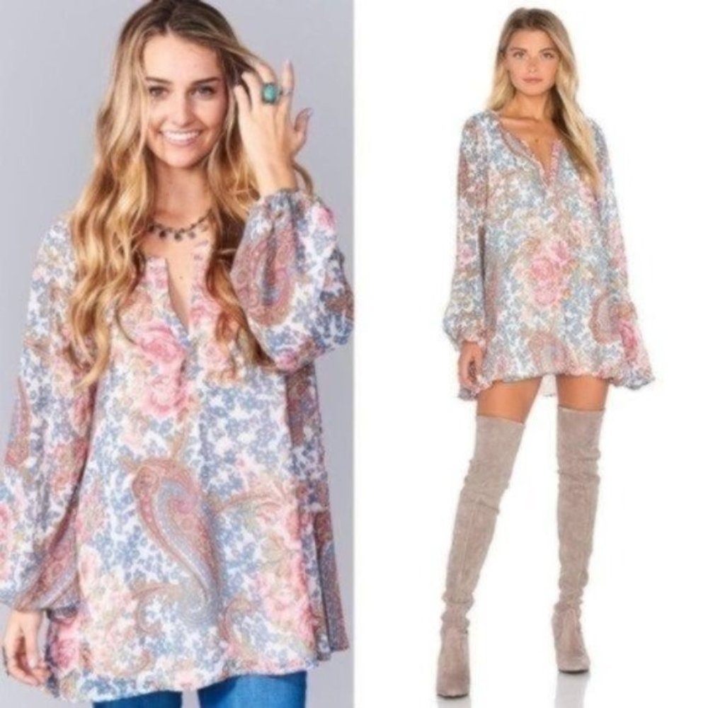Show Me Your MuMu Jamie Tunic Mini Dress Gray Gardens Floral Sheer Sleeves Small